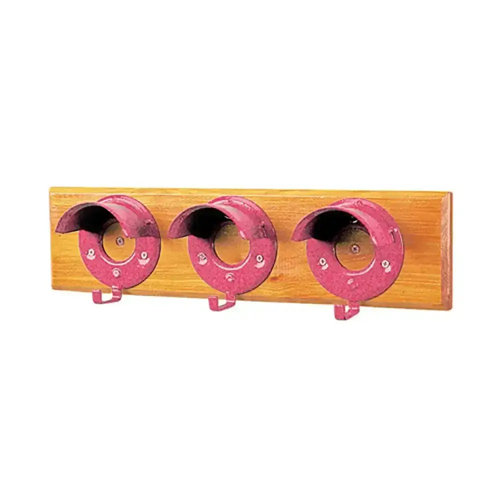 Pink metal horseshoe stubbs bridle rack hooks mounted on light wood plank board s203 with specially designed round cowl