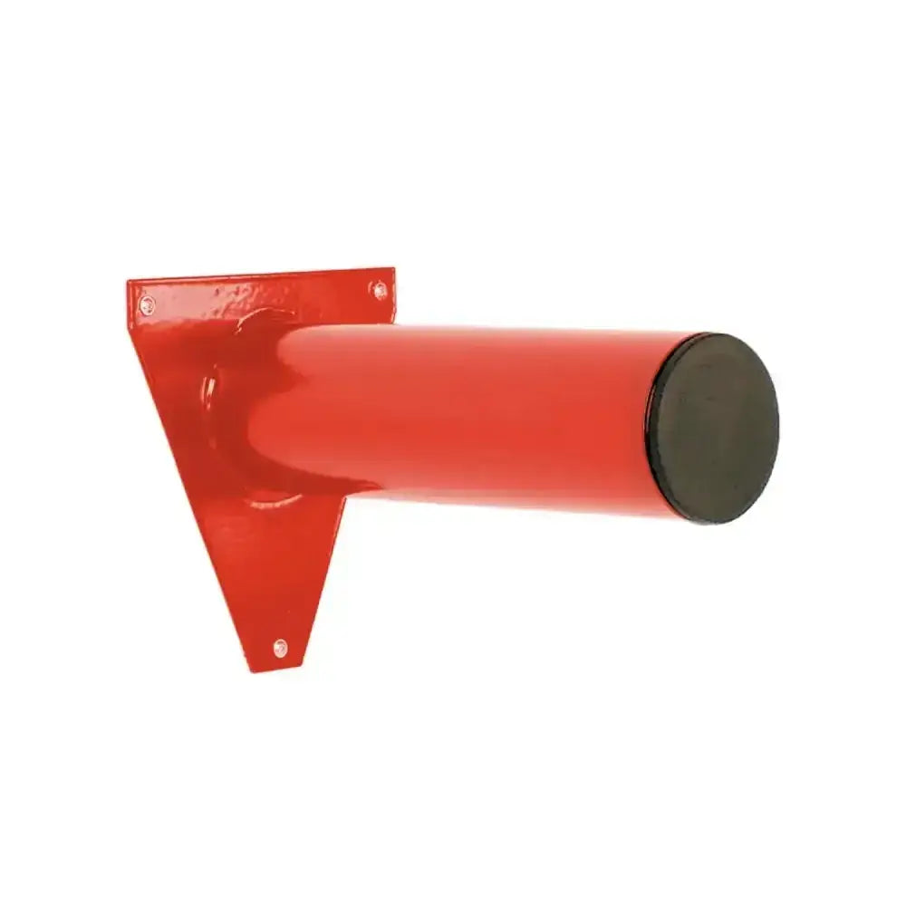 Red metal wall-mounted pipe bracket with black capped end for stubbs display pole striking shop display