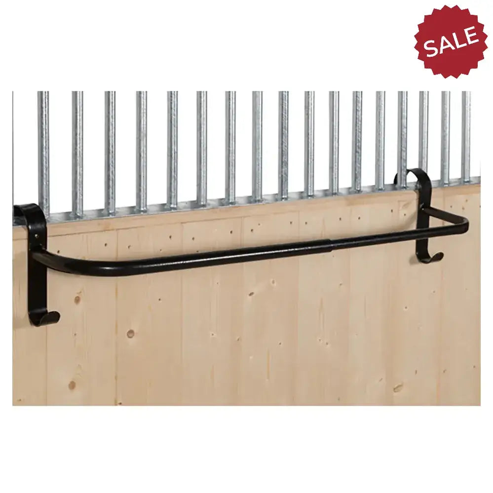 Black metal stubbs extendable hook on rug rail with curved design and hook ends for hanging rugs and gear