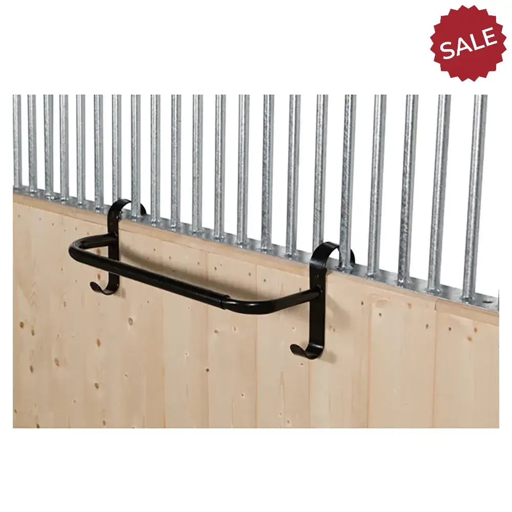 Black metal stubbs extendable hook with curved design and two downward hooks for use on extendable rug rail racks