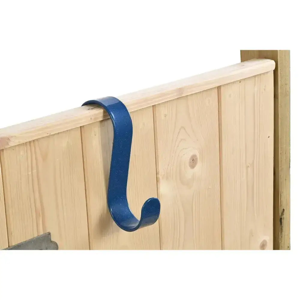 Blue metal stubbs giganti-hook s-shaped stable hook mounted on wooden fence for tack rooms and storage