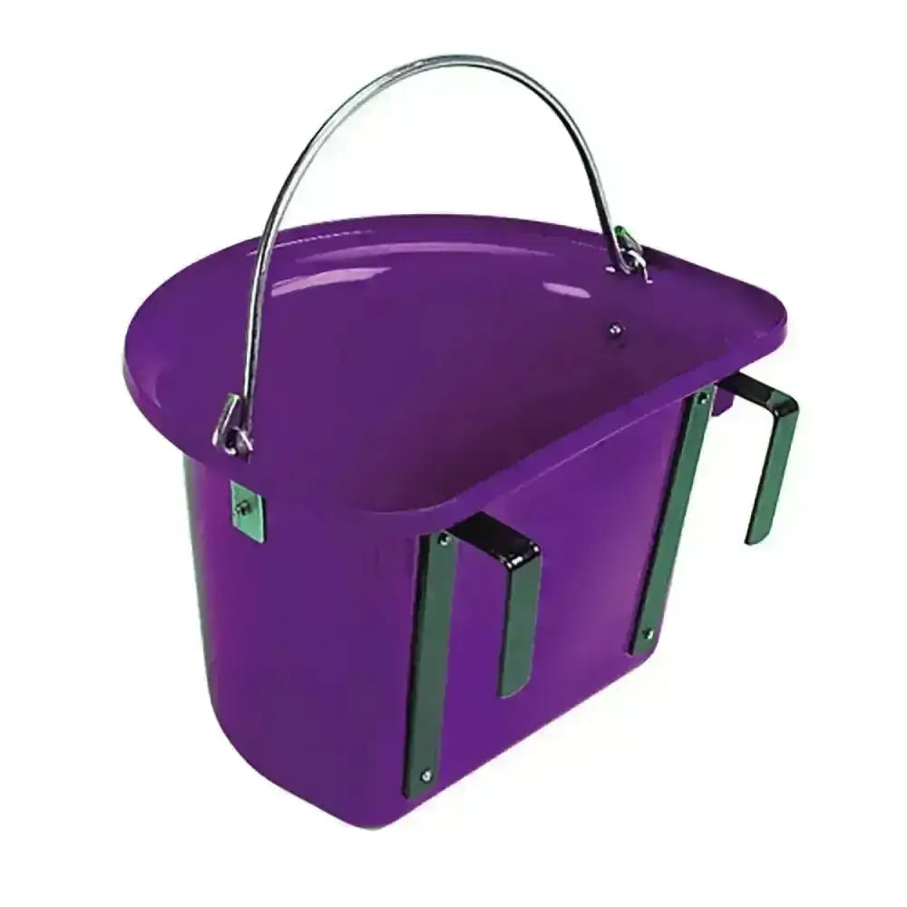 Purple plastic stubbs grooming bucket with silver metal handle and side grips for stable door use