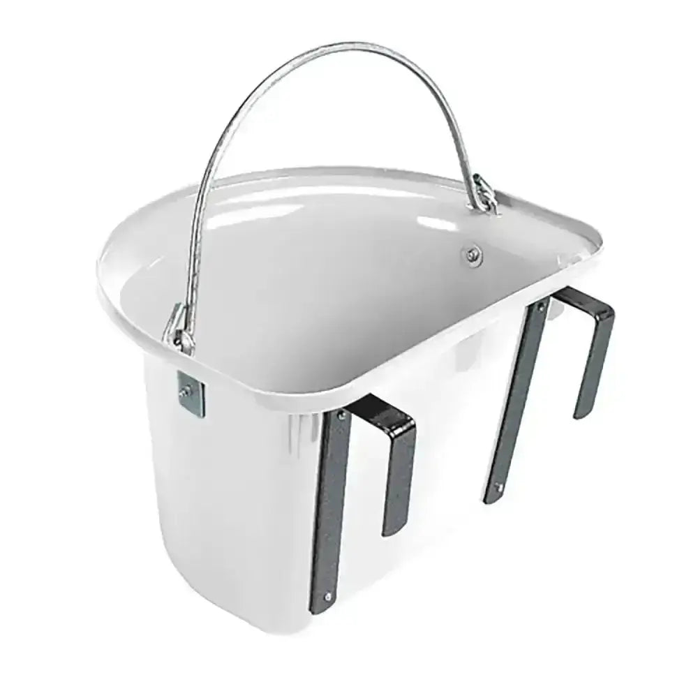 White enamel stubbs grooming bucket with curved metal handle and black side handles for stable door use