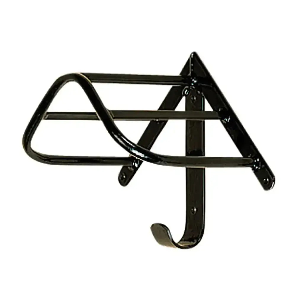 Black stubbyfine coated stubbs harness saddle rack with curved top bar and hook wall mounted for easy storage