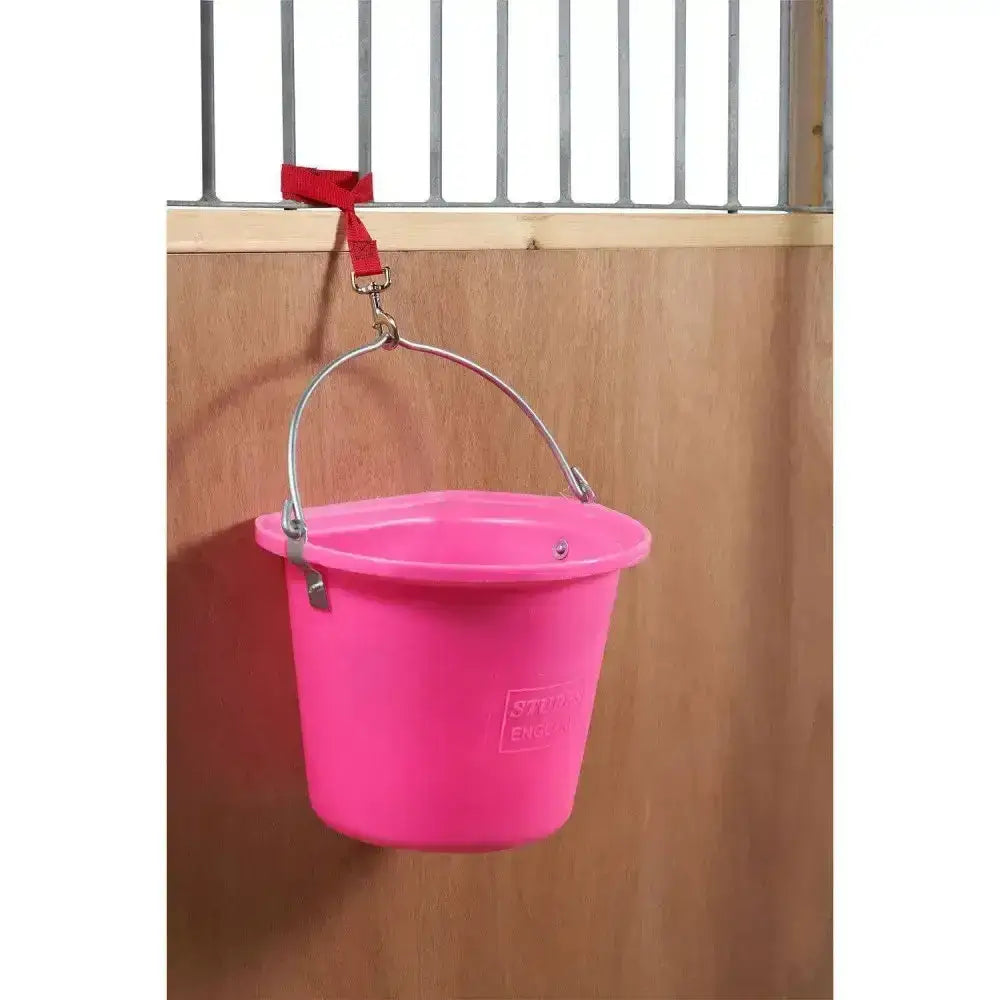 Bright pink plastic stubbs hook bucket with metal handle and red webbing loop strap for easy hanging use