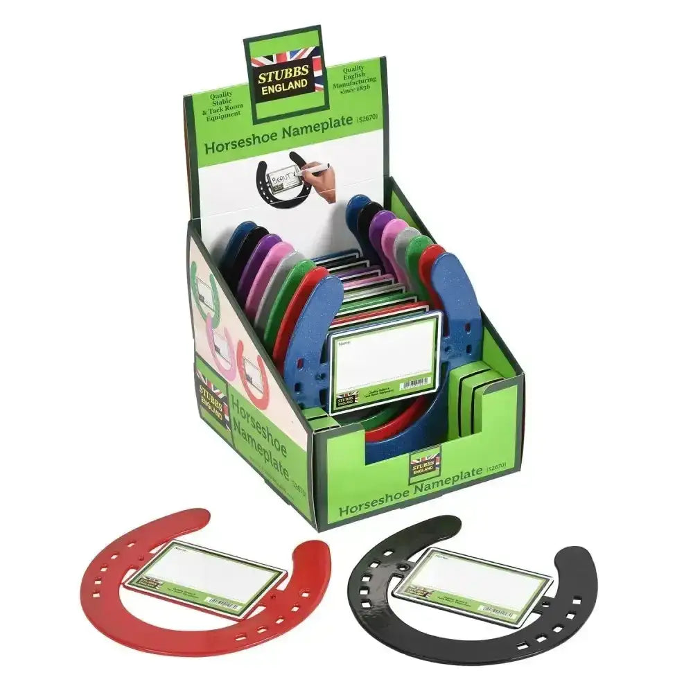 Colorful plastic stubbs horseshoes nameplates with white label inserts for equestrian use and permanent marker writing