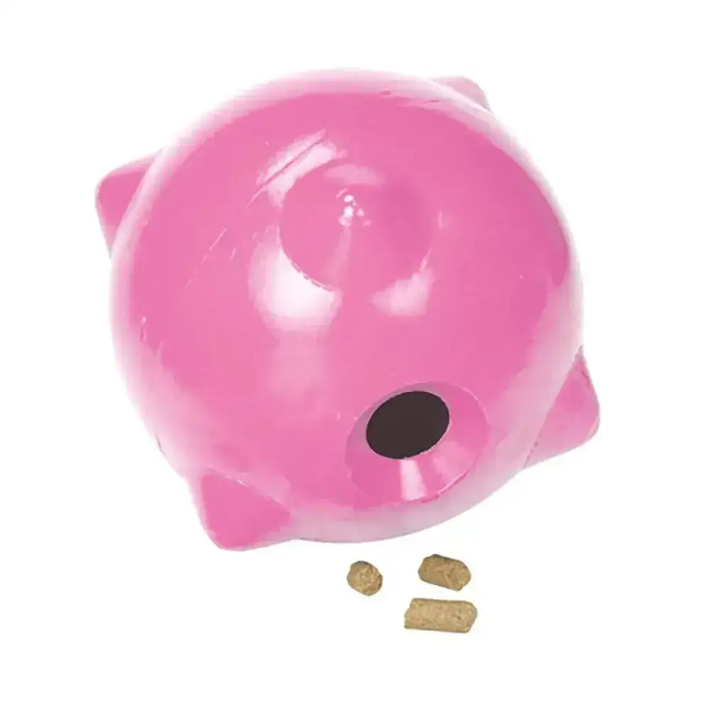 Pink plastic pig-shaped stubbs horsey ball s421 dog treat dispenser with black opening capably handles easy filling