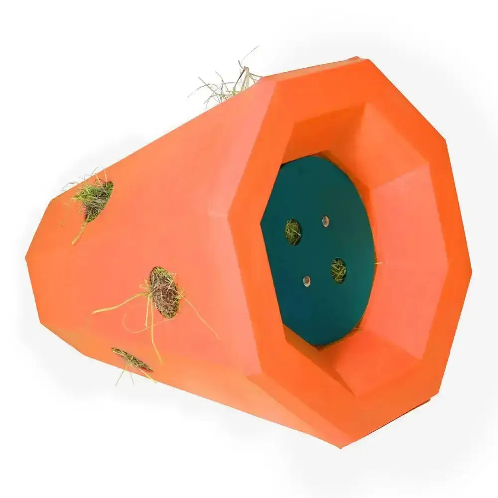 Bright orange stubbs lidded hay roller hay feeder shaped like a carrot with green accents and multiple feeding holes