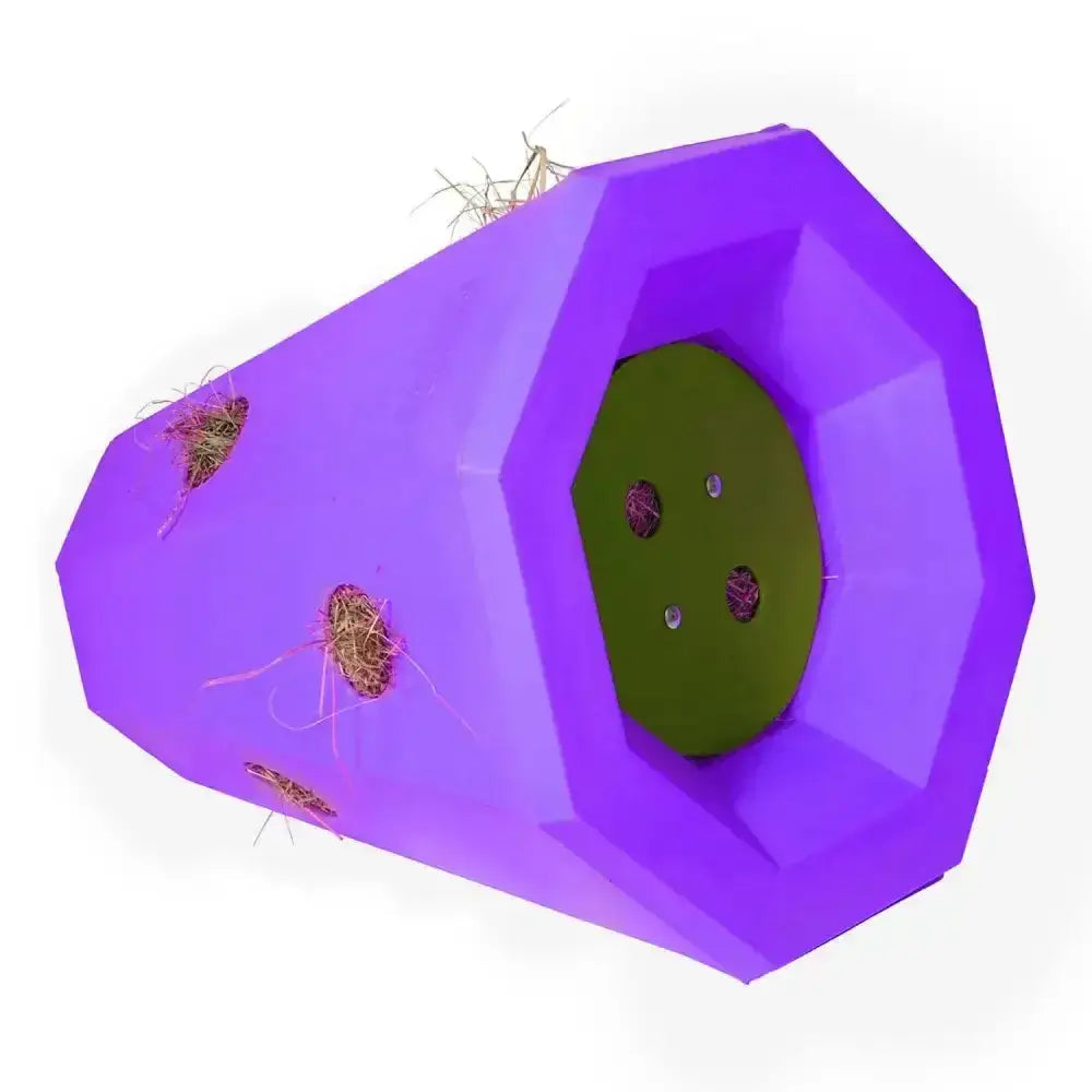 Purple octagonal stubbs lidded hay roller pony tunnel with green interior and hay-filled openings for pets