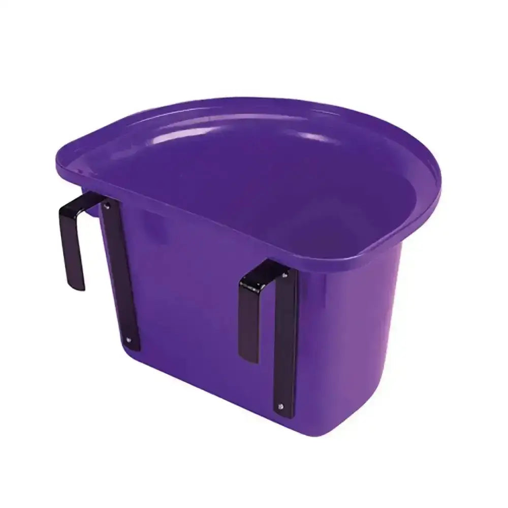 Purple plastic stubbs plastic portable horse feed bucket with black metal side clips for portable manger hanging