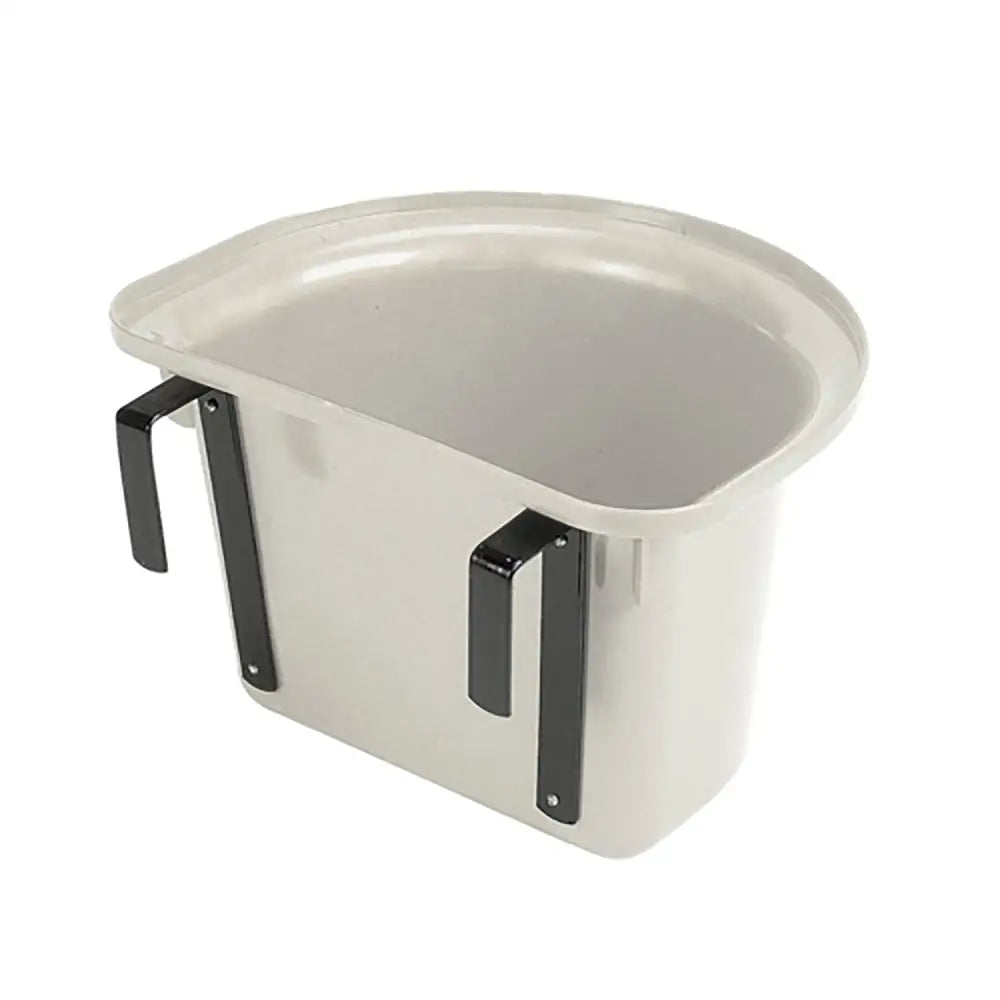 White stubbs plastic portable manger bucket with black metal handles for hanging and carrying feed