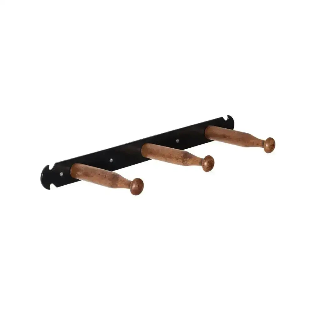 Black metal wall-mounted stubbs retro saddle coat rack with three wooden retro saddle pegs allowing adjacent mounting