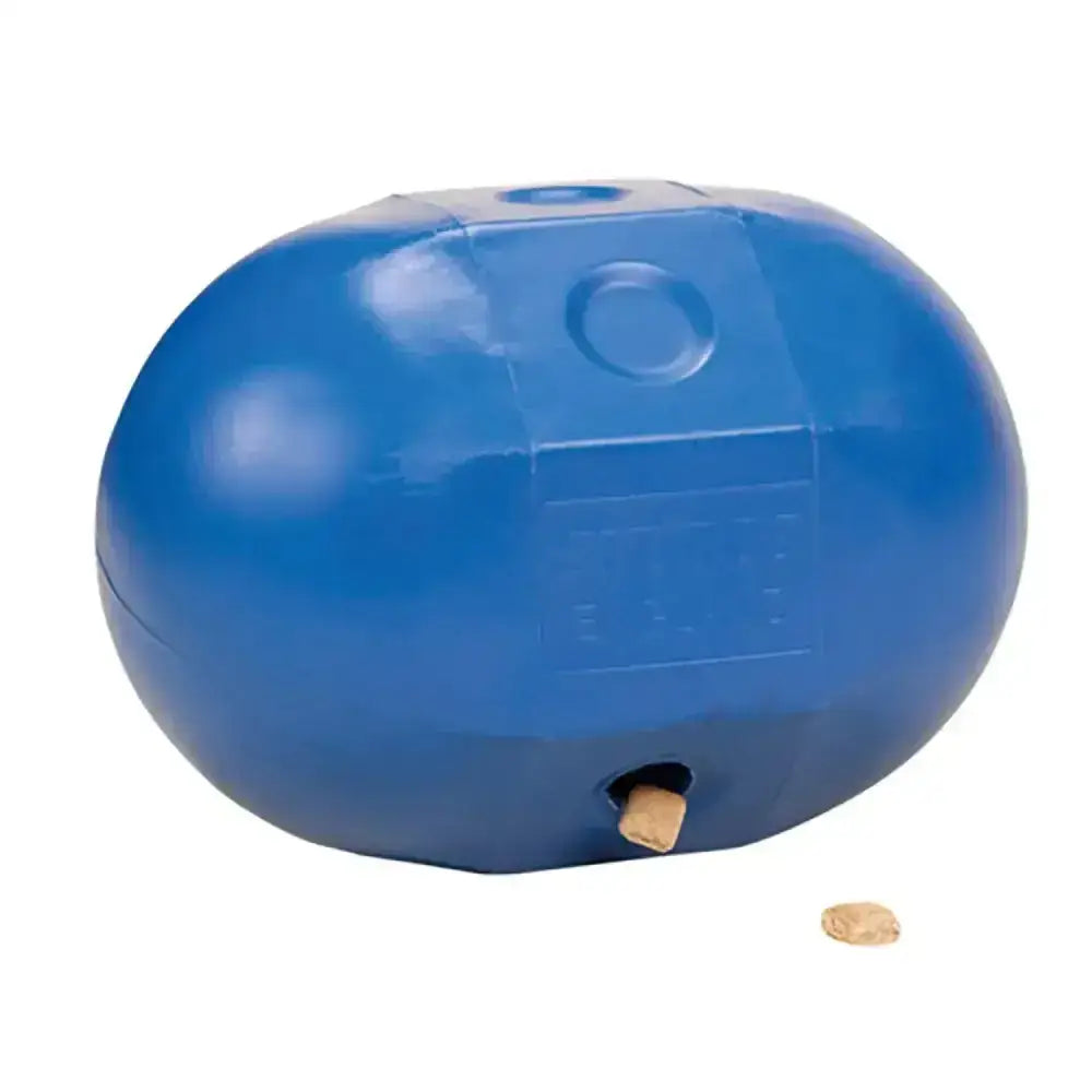 Blue plastic stubbs rock n roll ball dog treat dispenser with small bottom opening and circular top indentation for dribble treat feeder