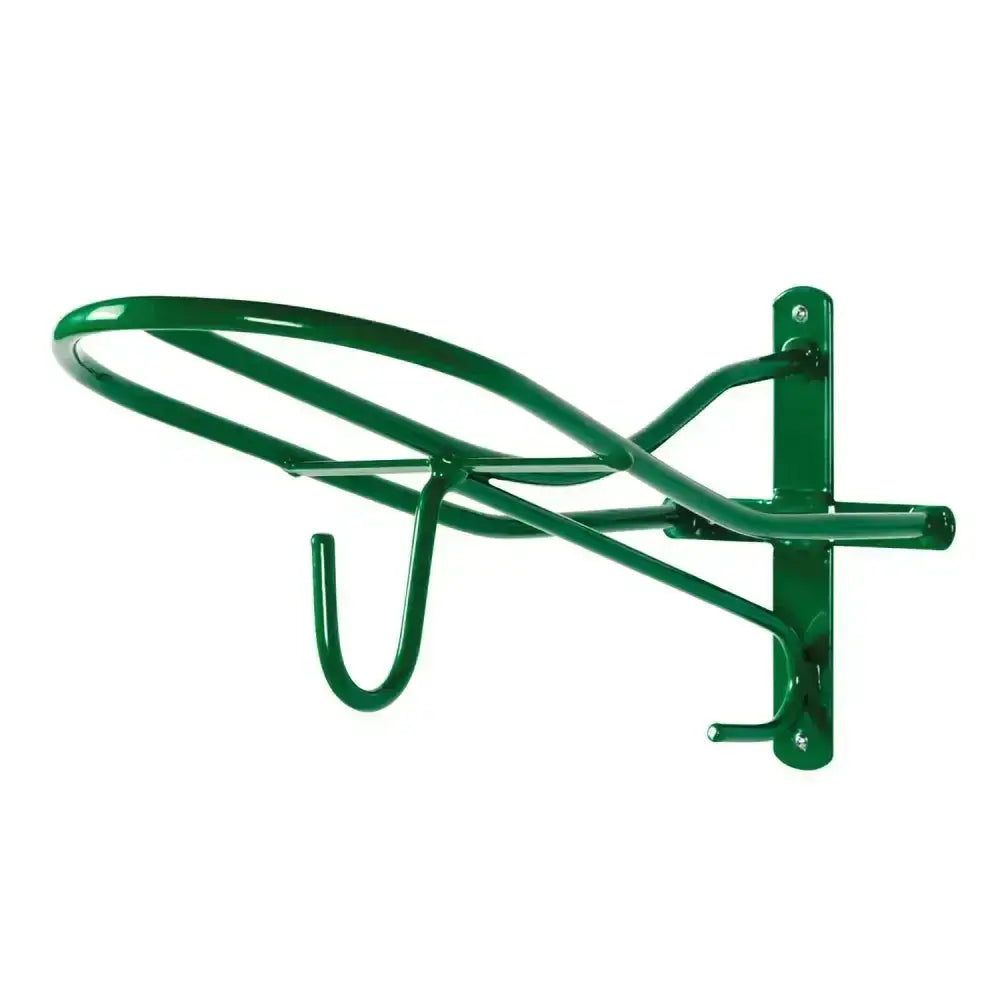 Green metal wall-mounted horse halter rack with curved hoop and hook stubbs saddle hook s174 for easy saddle storage