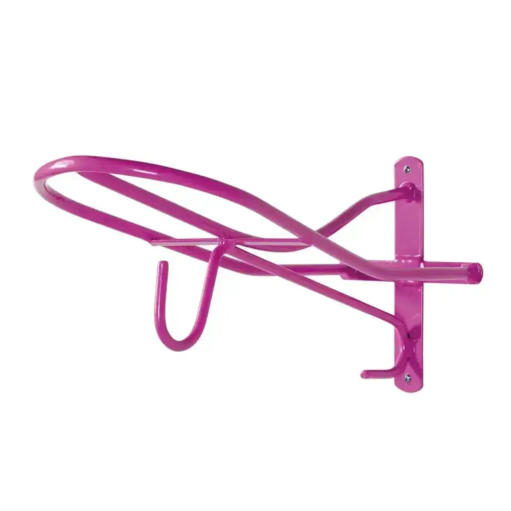 Pink metal wall-mounted horse head halter rack featuring stubbs saddle hook s174 for hanging tack and gear