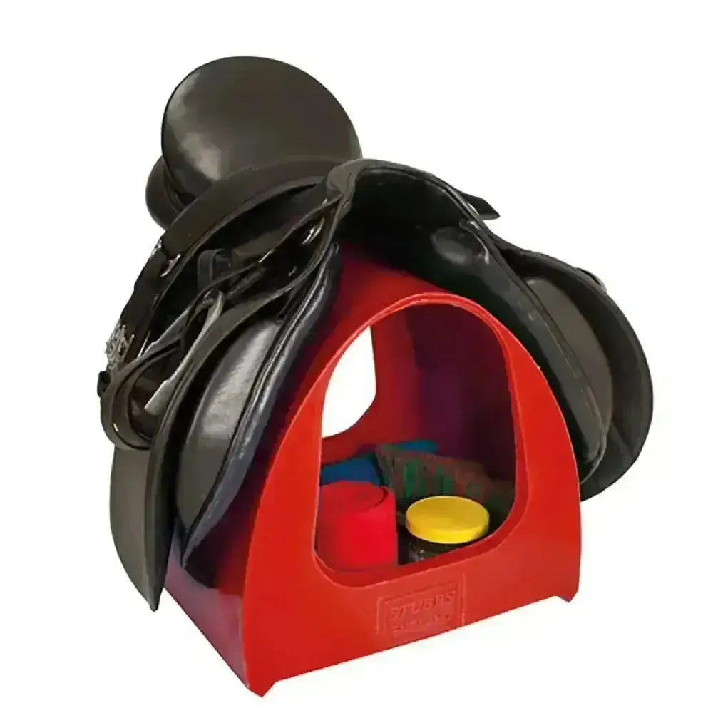 Red plastic stubbs saddle mate stand holding a black leather horse saddle for saddle mate tack storage