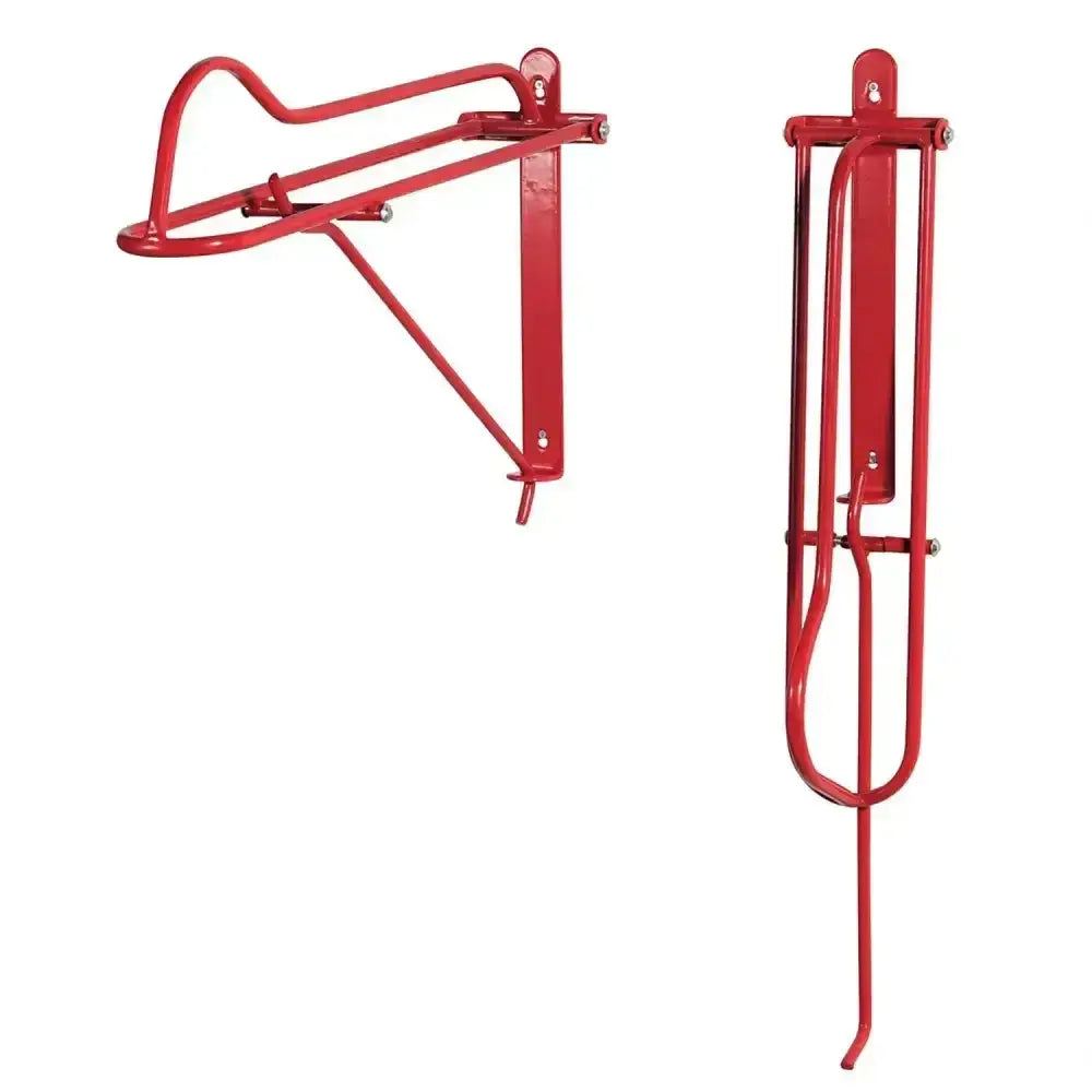 Red metal horse halter rack with adjustable arms and mounting brackets in stubbs saddle rack folding s18 design