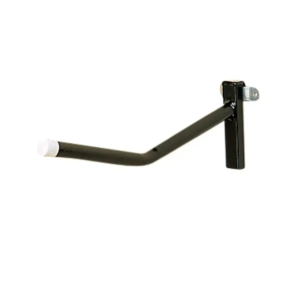 Black metal stubbs saddle rack single arm clip-on with white plastic cap mounted on the wall for bike storage