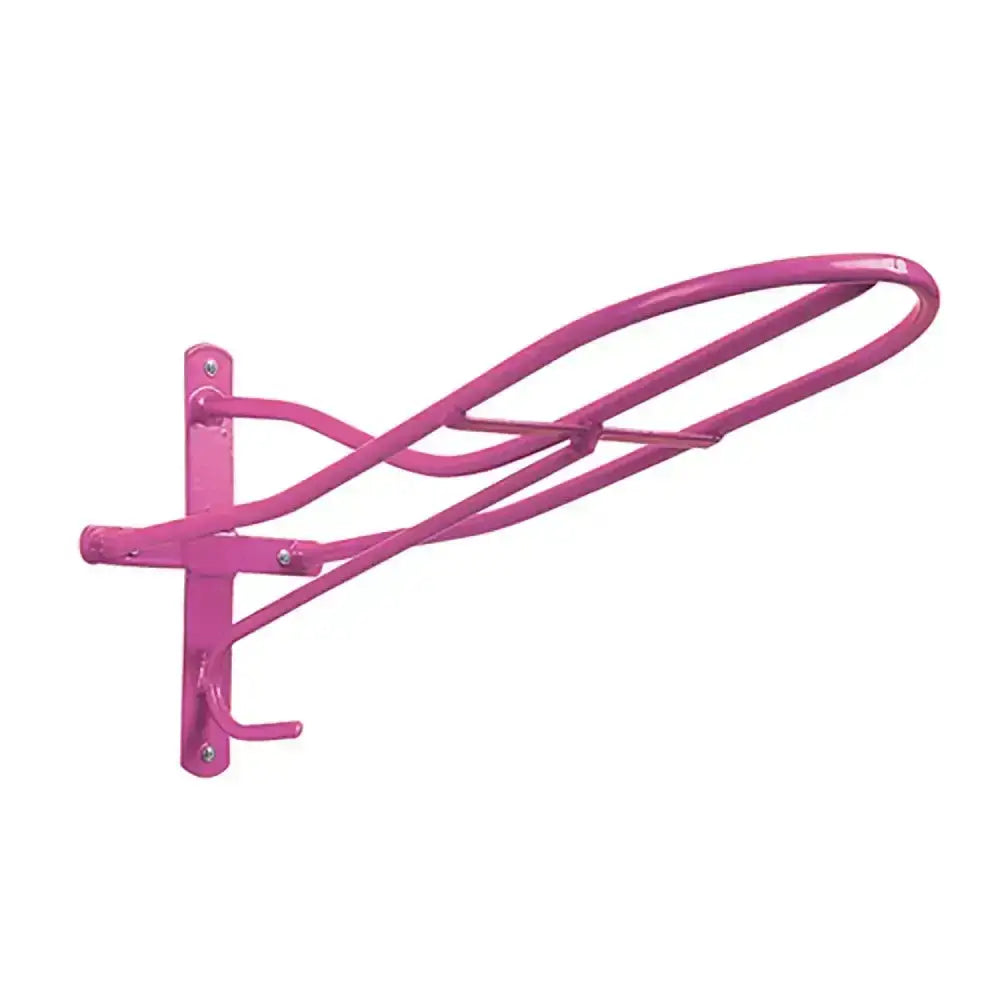 Pink metal stubbs saddle rack standard s17 with curved tubular steel design and wall-mounted bracket for horse halters