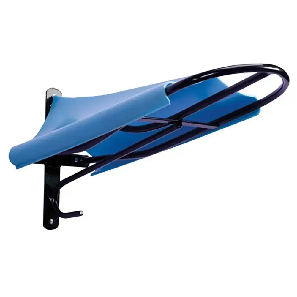 Blue plastic horse saddle rack with black metal frame featuring stubbs smoothie slip-on s173 specially developed shape