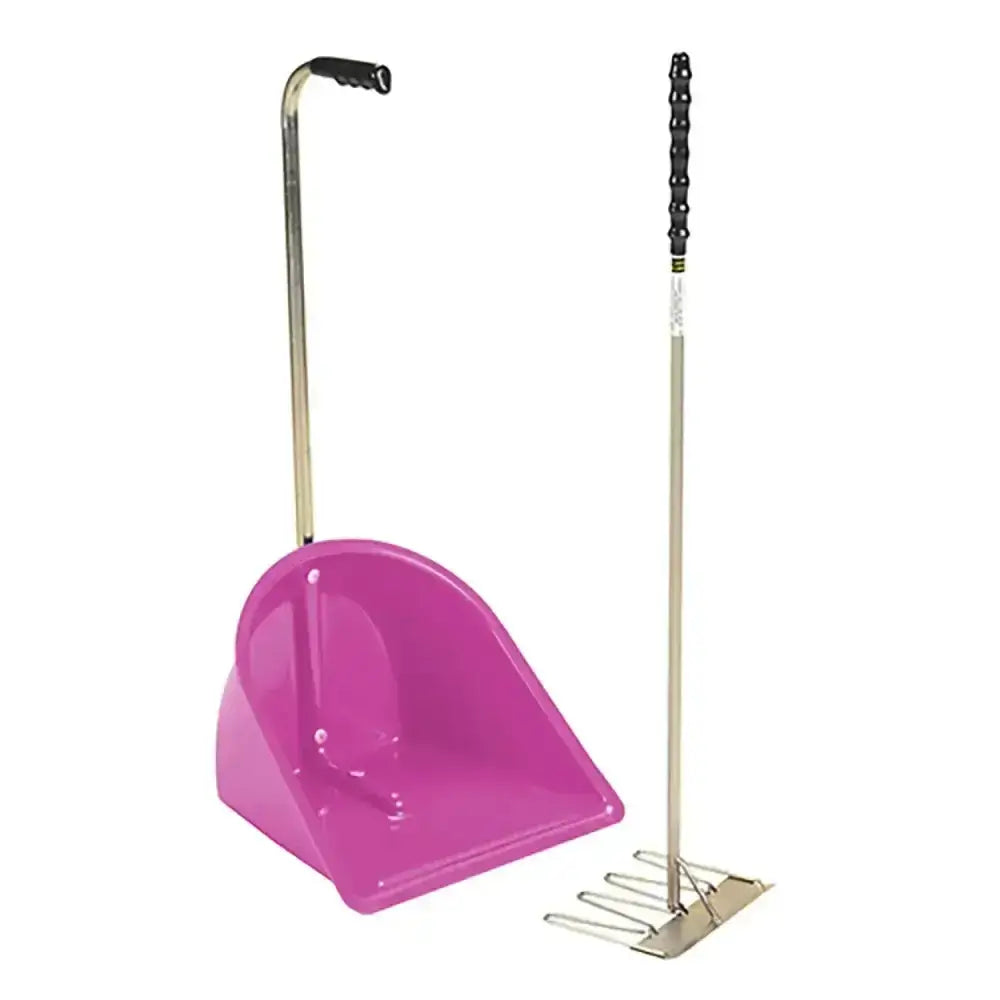 Pink plastic stubbs stable mate manure collector dustpan with silver metal handle and matching rake with black grip