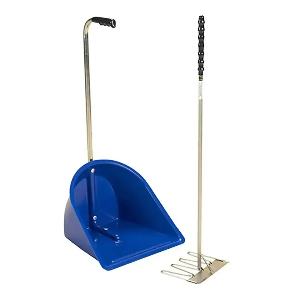 Blue plastic stubbs stable mate manure collector with silver metal handle and matching rake with textured black grip