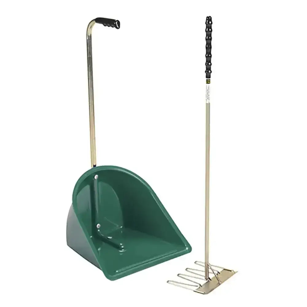 Green plastic stubbs stable mate manure collector with black handle and metal shaft rake for stable use