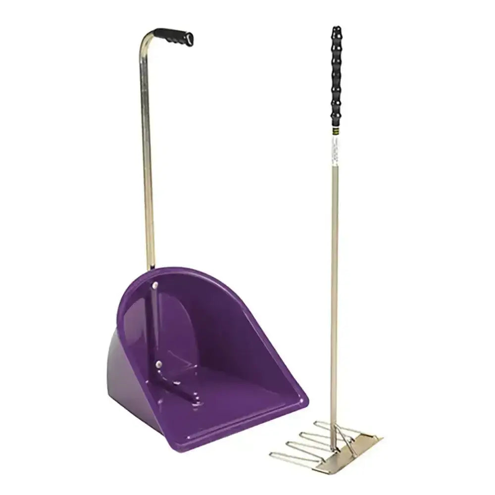 Purple plastic stubbs stable mate manure collector dustpan with black grip handle and matching metal rake s4585