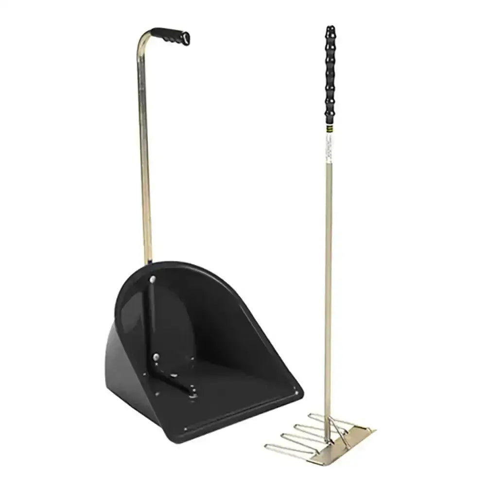 Black metal stubbs stable mate manure collector dustpan with curved handle and black-handled rake with segmented grip