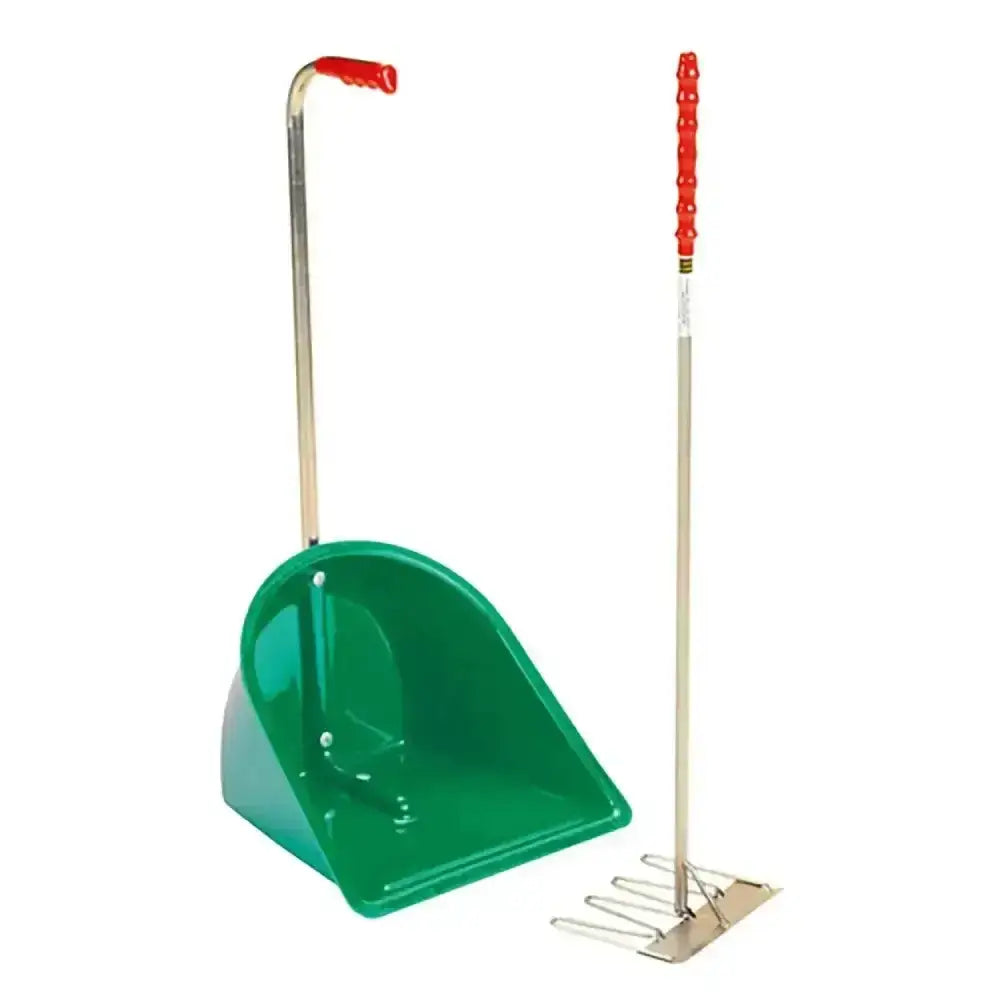 Green plastic dustpan with red handled metal rake as part of stubbs stable mate stable mate manure collector set