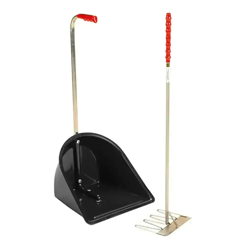 Black plastic stubbs stable mate manure collector dustpan with red-handled metal rake and long handle grip
