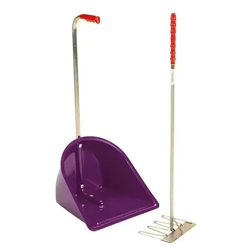 Purple plastic stable mate manure dustpan with red-handled metal rake for stubbs stable mate manure collector