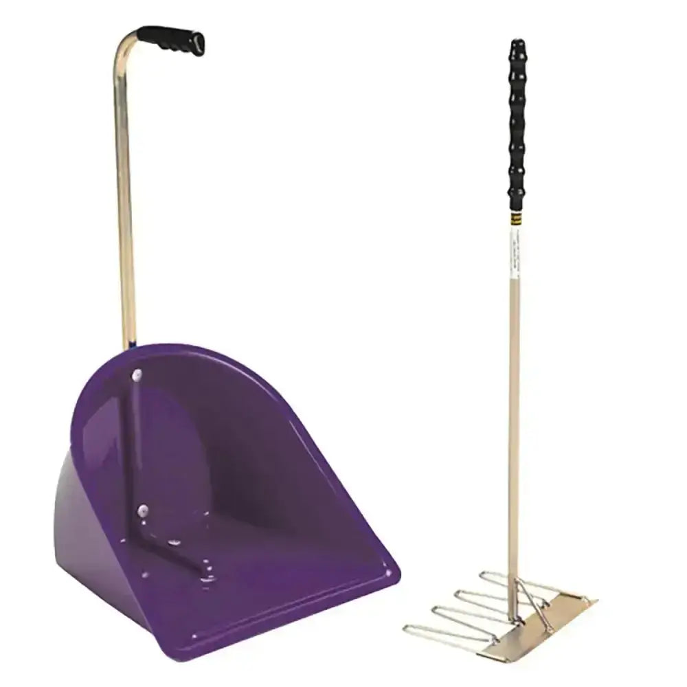 Purple plastic shovel with gold metal handle and black grip paired with black handle rake from stubbs stable mate manure collector