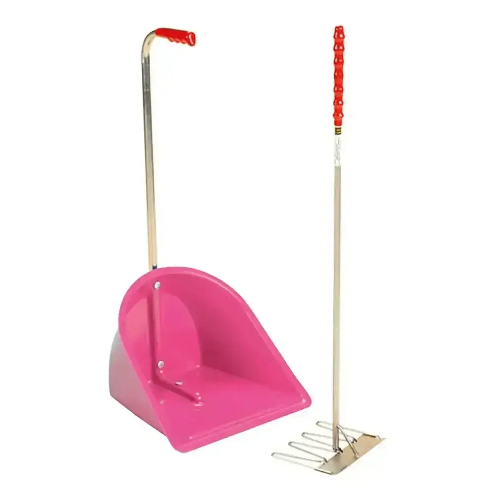 Stubbs stable mate manure collector with pink plastic dustpan, gold handle, red grip, and rake with beaded red handle and metal tines