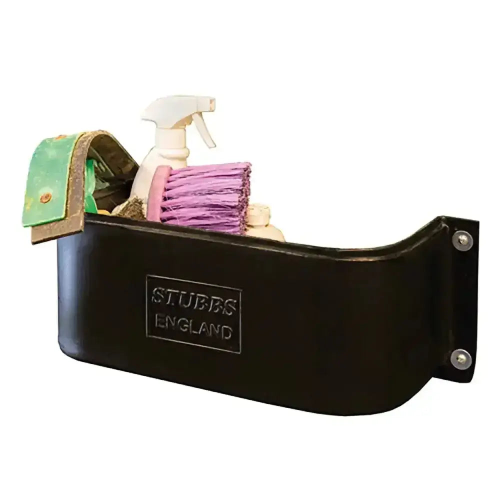Black metal wall-mounted stubbs stable tidy caddy holding cleaning supplies ideal for tack room or horse tack boxes