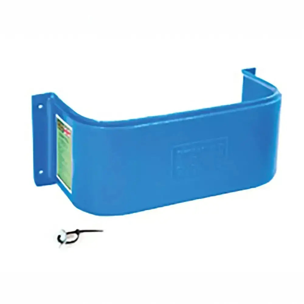 Blue plastic stubbs stable tidy wall-mounted pet food dispenser with green label and black zip tie for tack room use