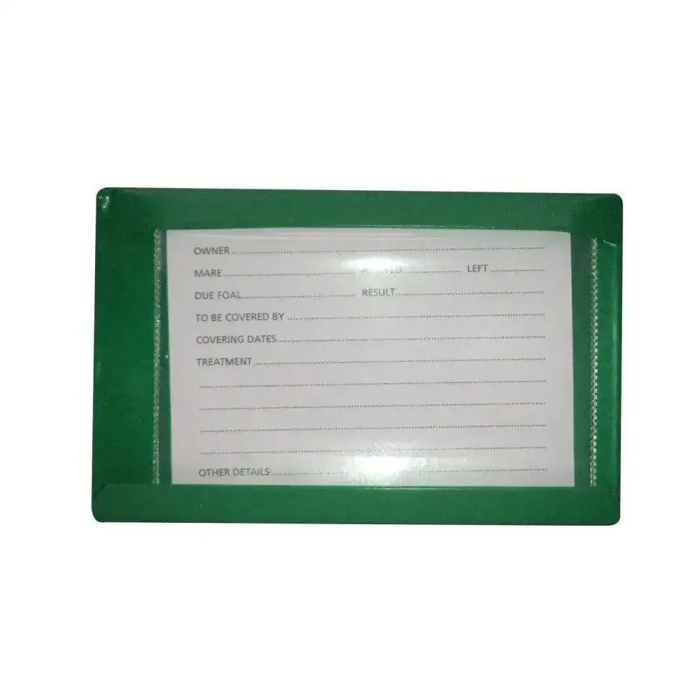Green plastic stubbs stud card holder with clear window to display horse breeding details large s26 model