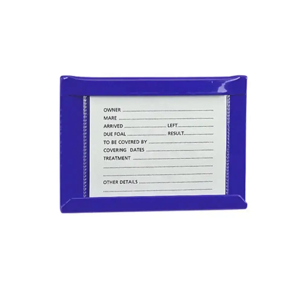 Blue plastic stubbs stud card holder small s27 with white label showing dotted lines to display horse details
