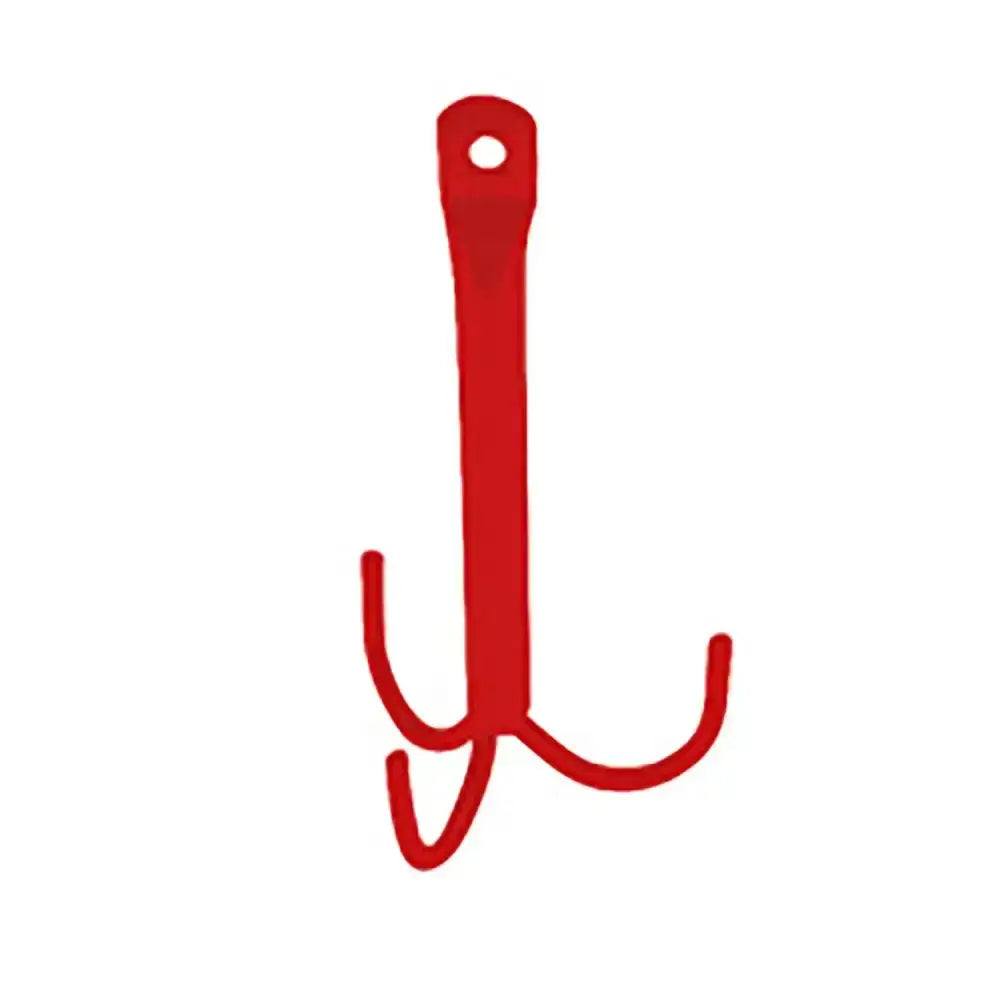 Red plastic stubbs tack hook three prong s24a with hole at top for hanging and durable design