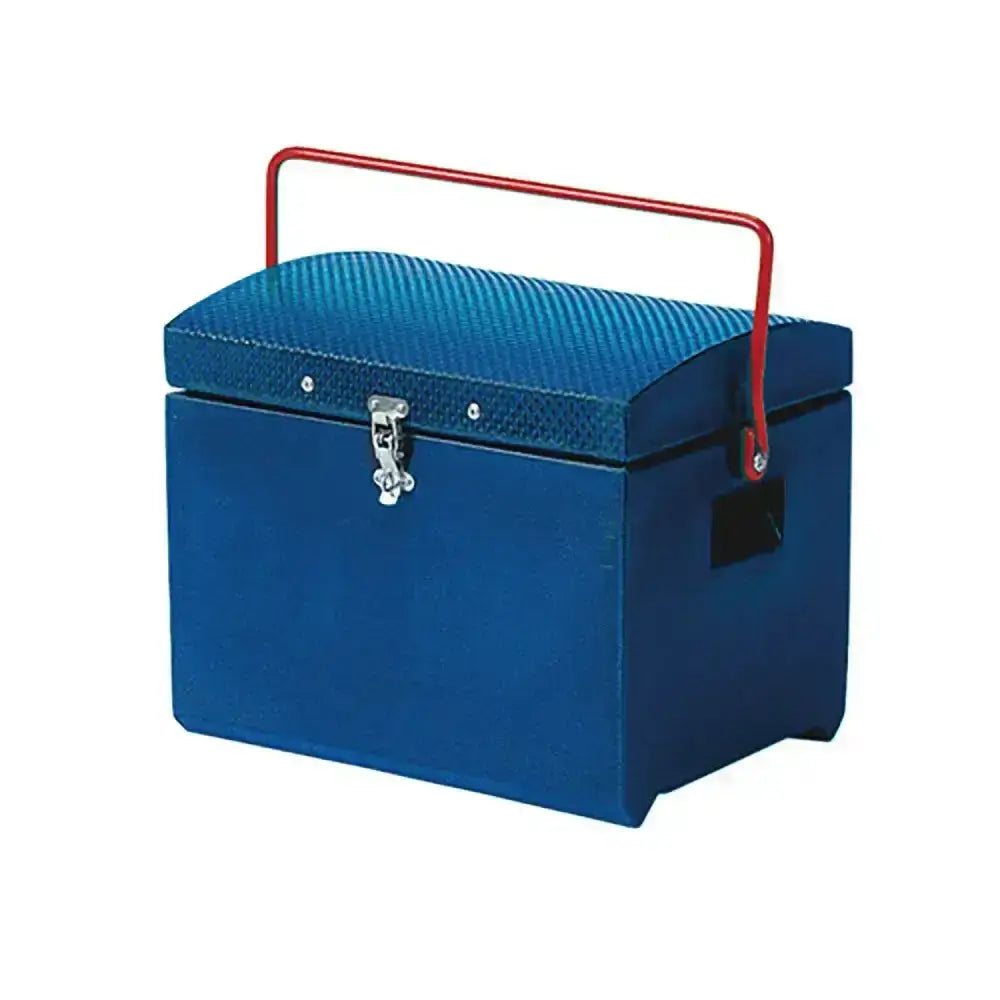Blue stubbs tack step toolbox with textured lid red metal handle silver latch and fastener s57c detail visible