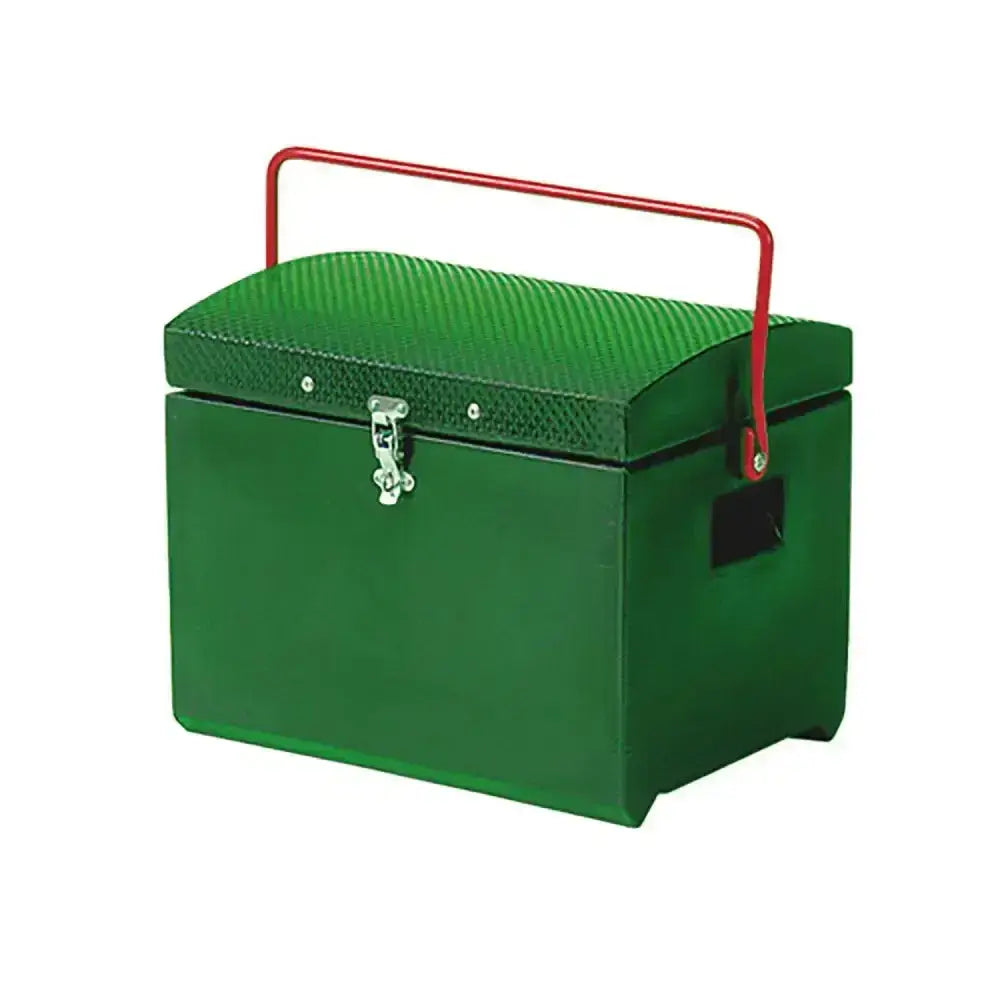 Green metal stubbs tack step toolbox with textured lid red handle silver latch featuring fastener s57c and broad shoulder strap