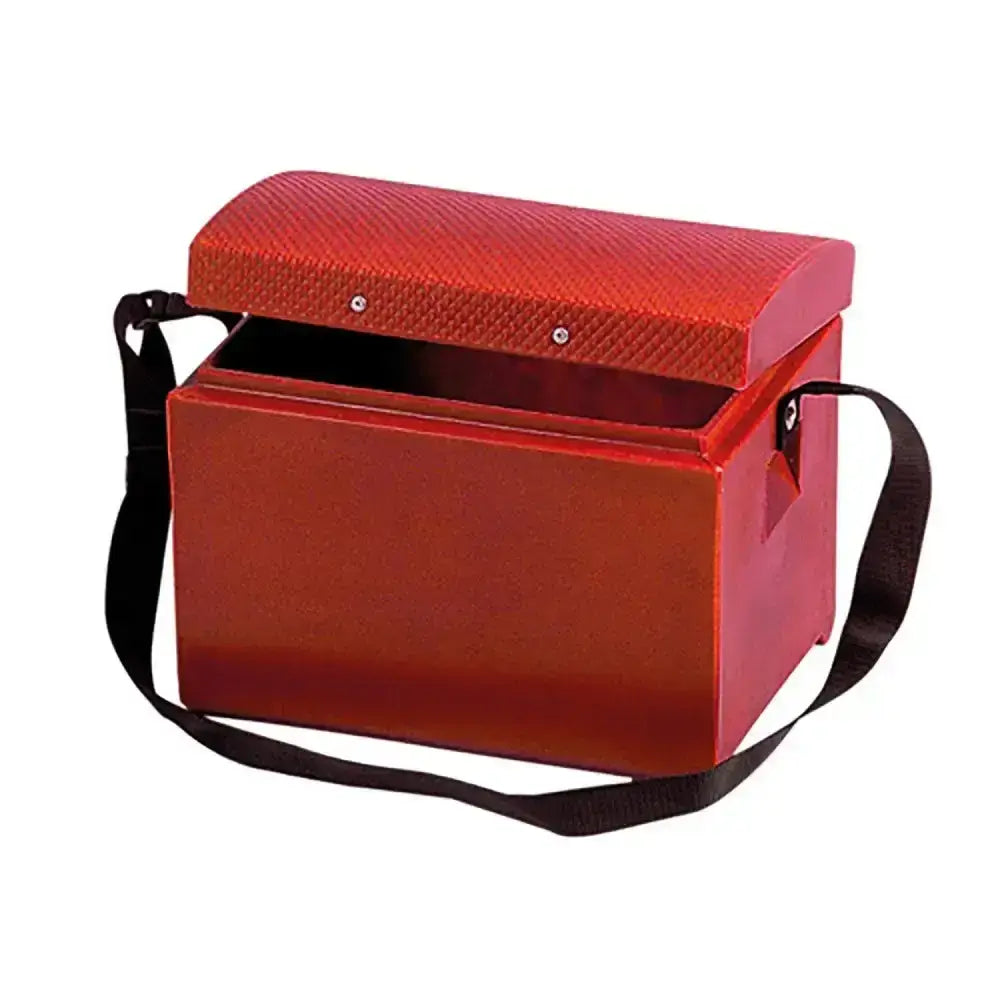 Stubbs tack step s57s makeup case with red glossy body, red textured reinforced lid, and broad shoulder strap