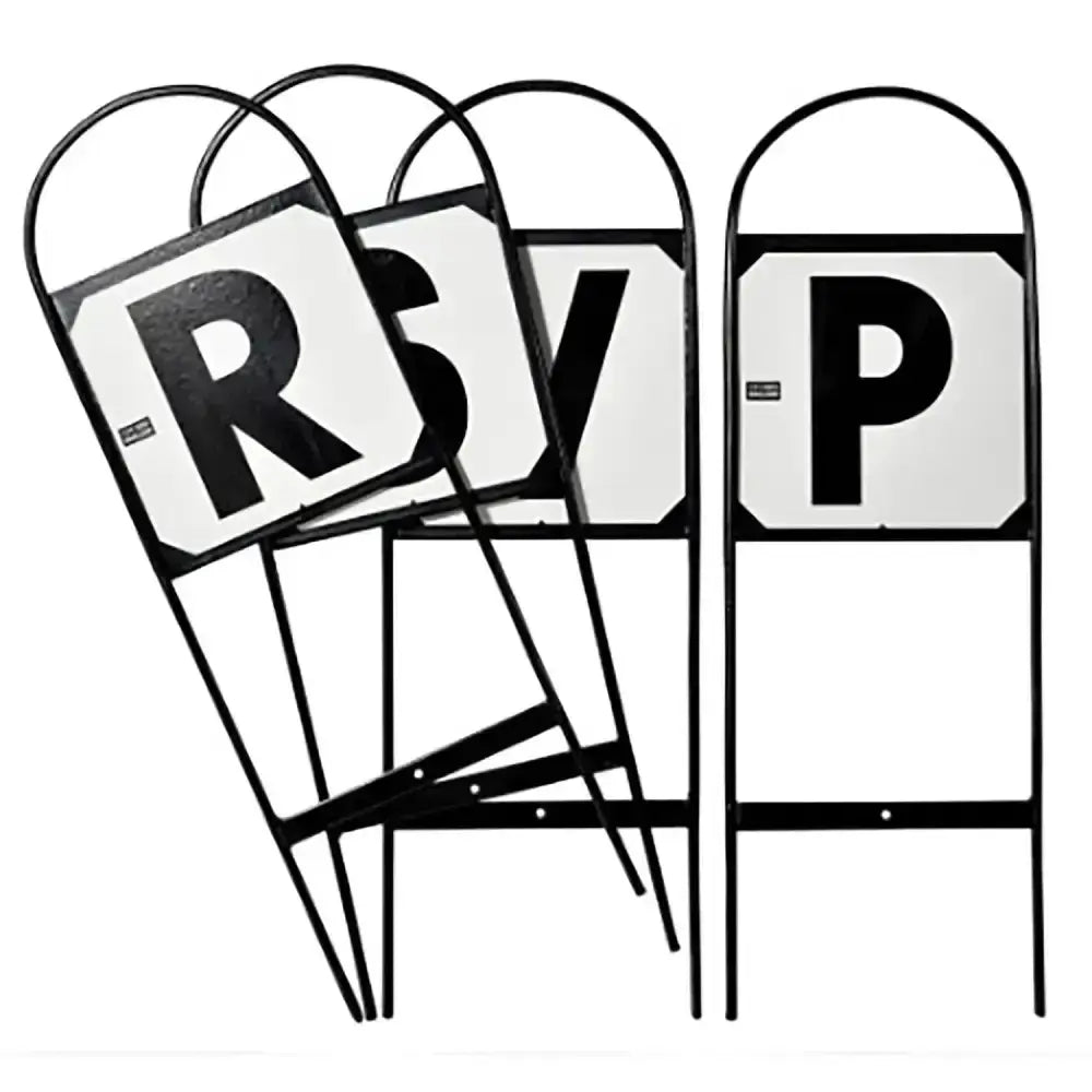 Black metal stubbs tread parking and reserved sign stands with white panels and bold black letters handy hoop frame