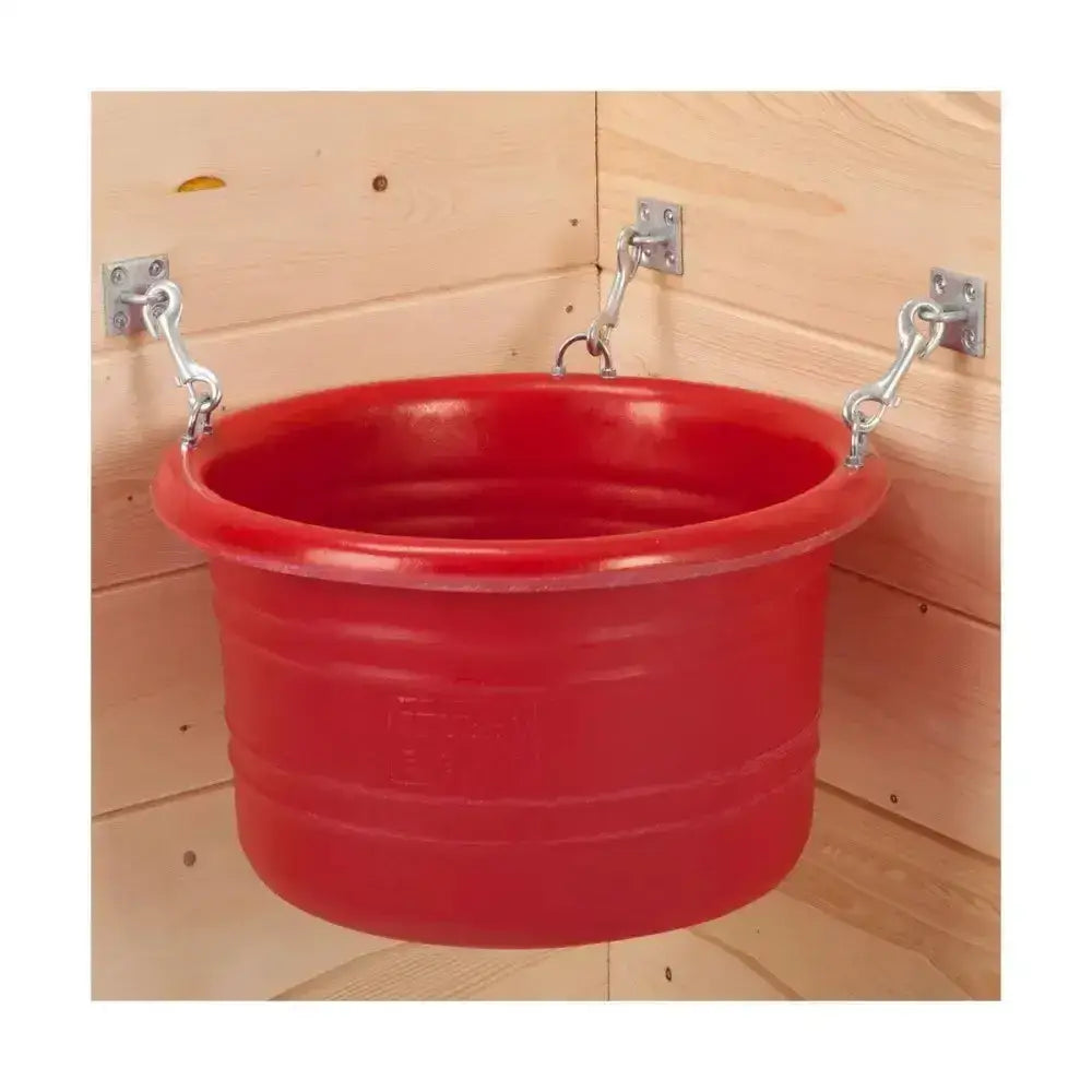Red plastic animal feed bowl with metal hooks and brackets attached to stubbs trigger hook s85ps wall plate
