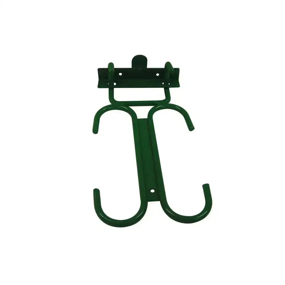 Green metal stubbs welly rack hinged with three curved hooks and wall fixing bracket for easy mounting
