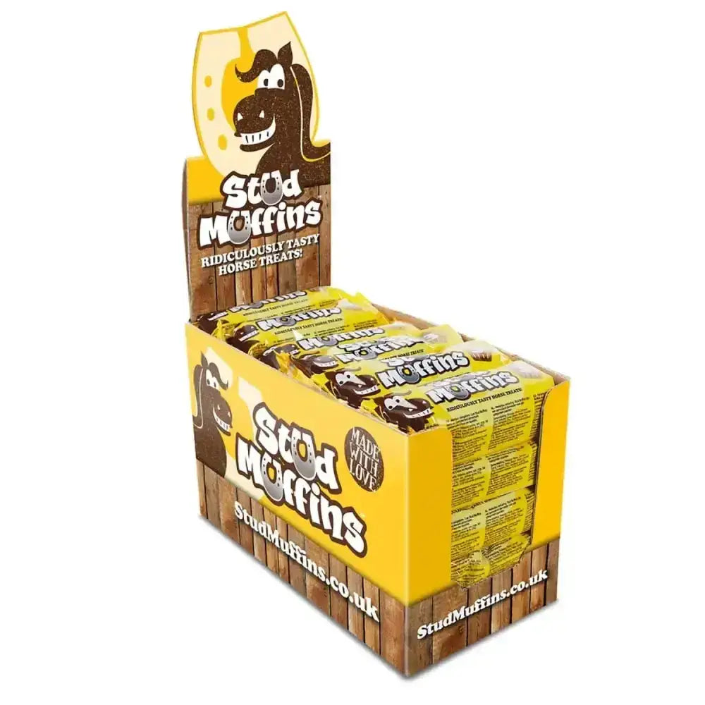 Yellow and brown cardboard display box for stud muffins horse treats with cartoon horse from ridiculously tasty range including linseed
