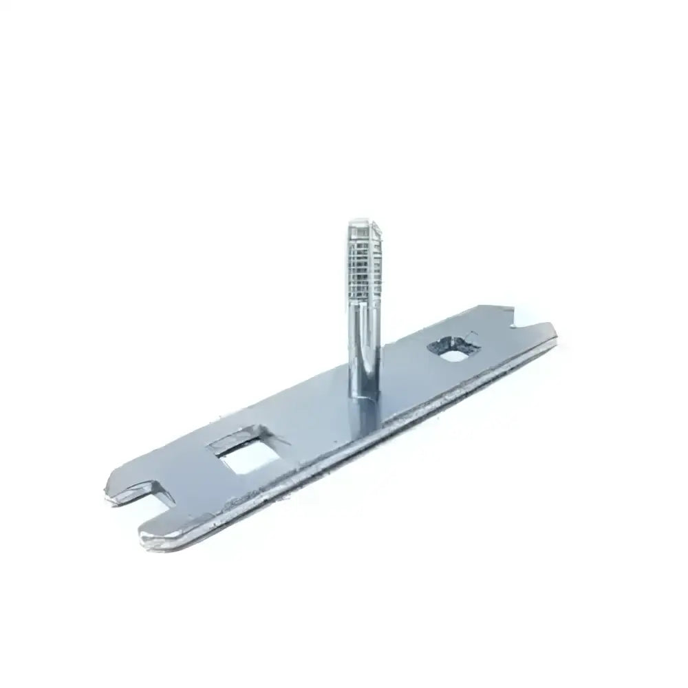 Silver metal door hinge with threaded bolt and cut-out slots for studs spanner tap and re-tap stud holes use