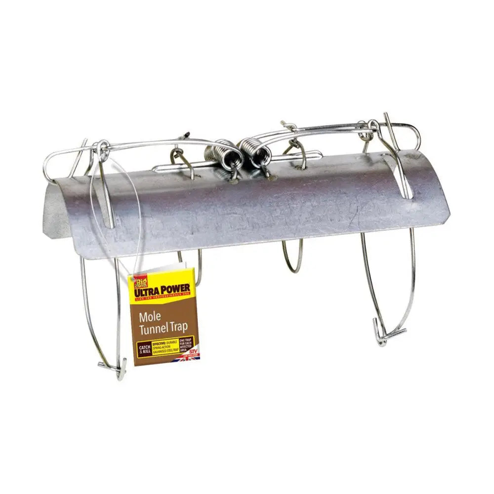 Silver metal stv mole tunnel trap with sturdy curved body and spring loaded jaws for effective mole tunnel trapping