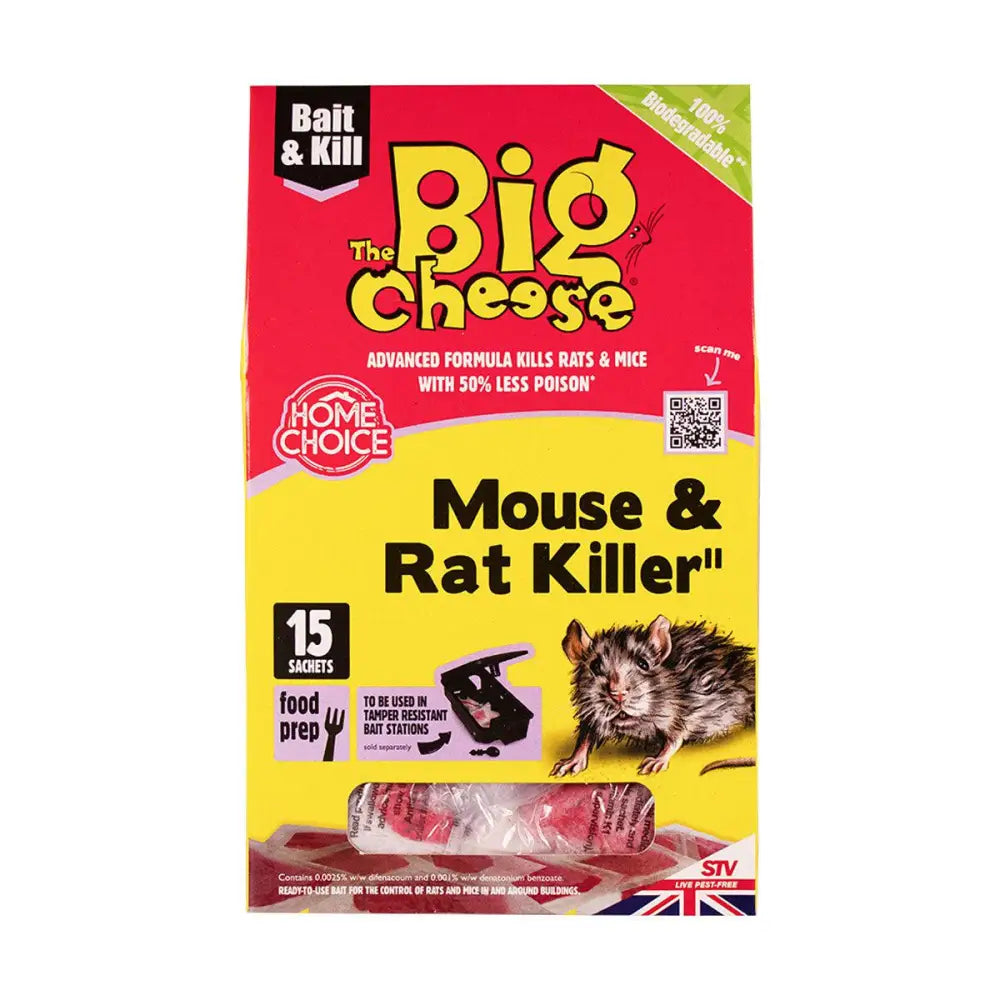 The big cheese rat killer2 pack in red and yellow includes 15 fresh pasta bait sachets for food preparation areas