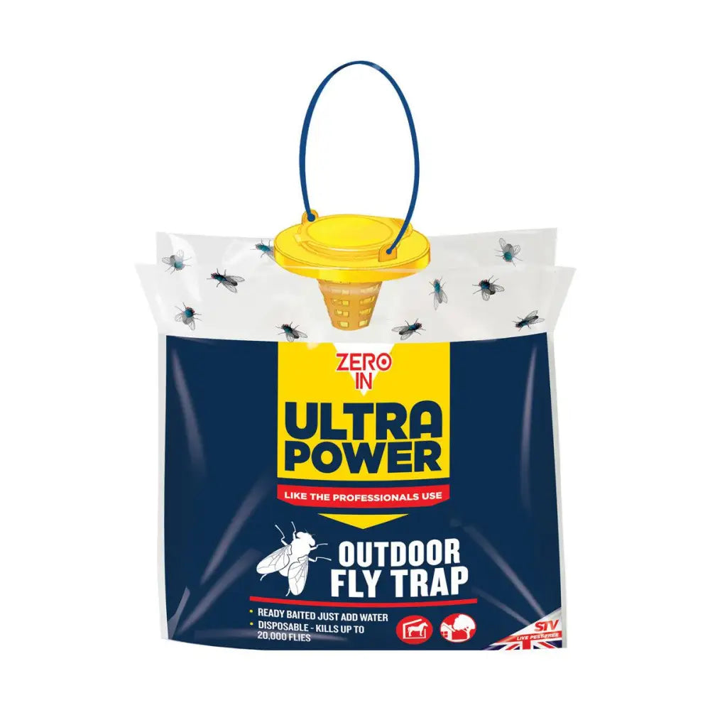 Yellow plastic outdoor fly trap with blue handle in navy and yellow stv outdoor fly branded disposable fly trap bag